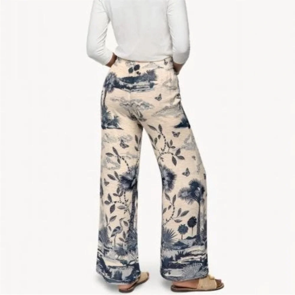 Spartina 449 Maude Palazzo Wide-Leg Pants Tropical Landscape Print Cream Navy, L - Picture 2 of 15